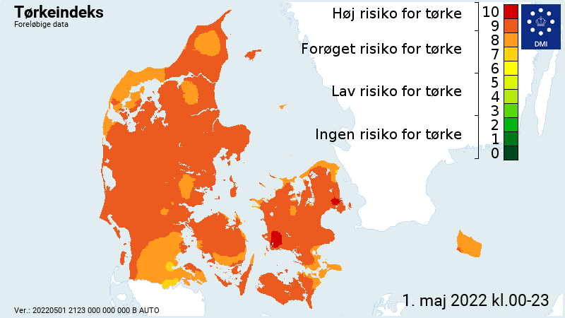 Tørkeindekset i Danmark ligger på 9 ud af 10 efter et særdeles tørt forår