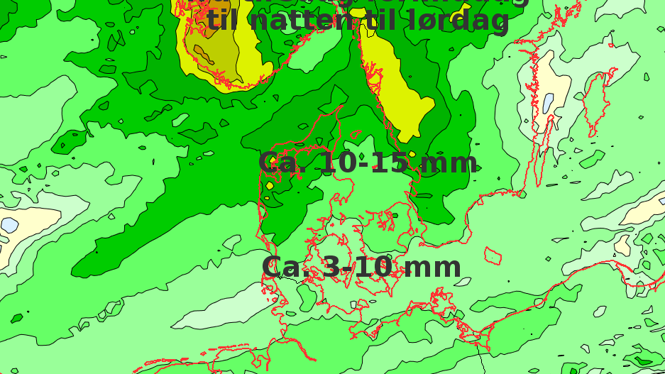 Der kommer mest regn i den nordlige del af Jylland og mindre i de sydlige egne