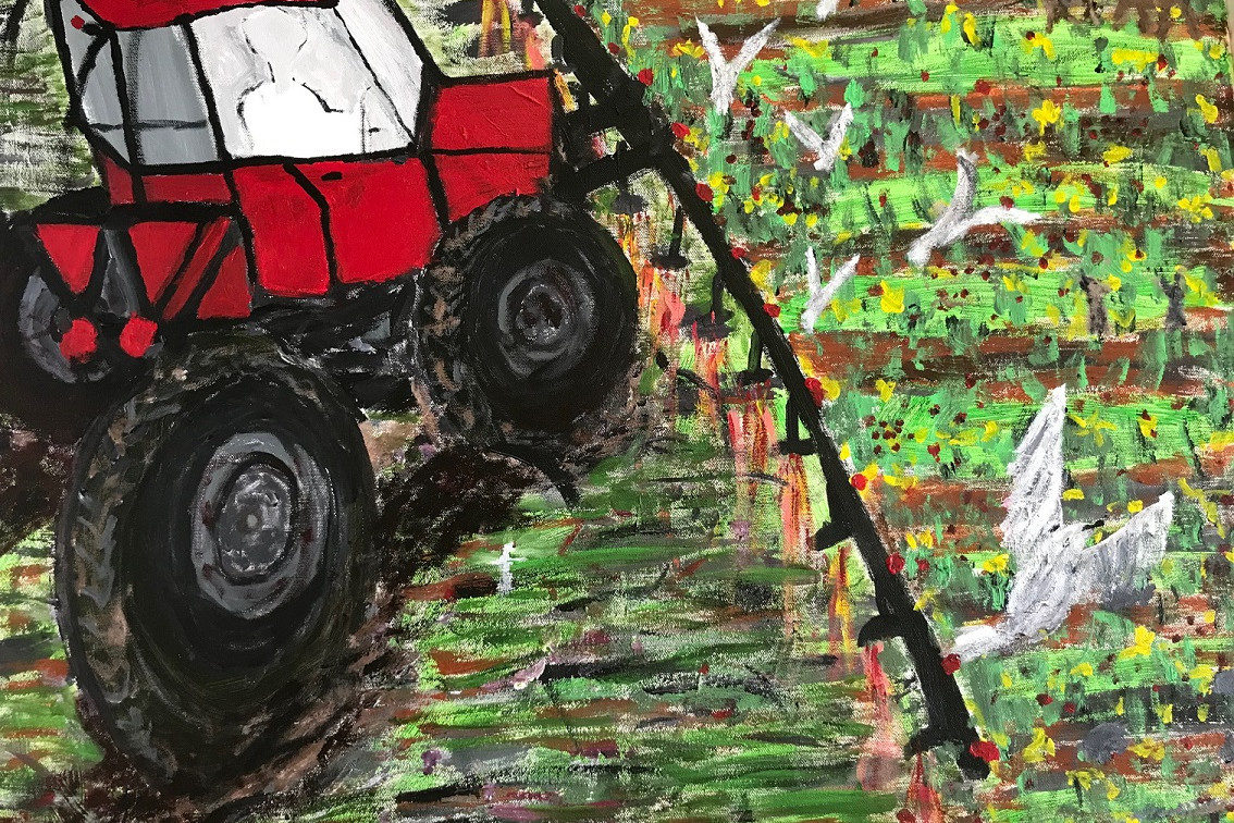 Maleri som viser en traktor der sprøjter pesticider på marken
